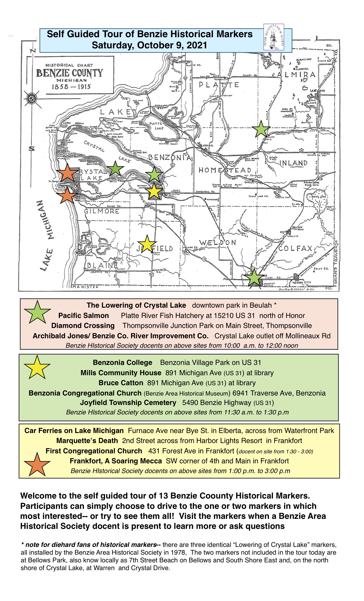 Benzie County Historical Marker Tour Saturday, October 9 Benzie Area